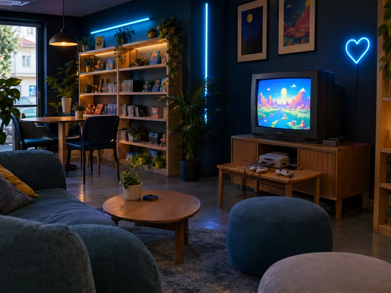Canto retro com televisor de tubo e consola clássica