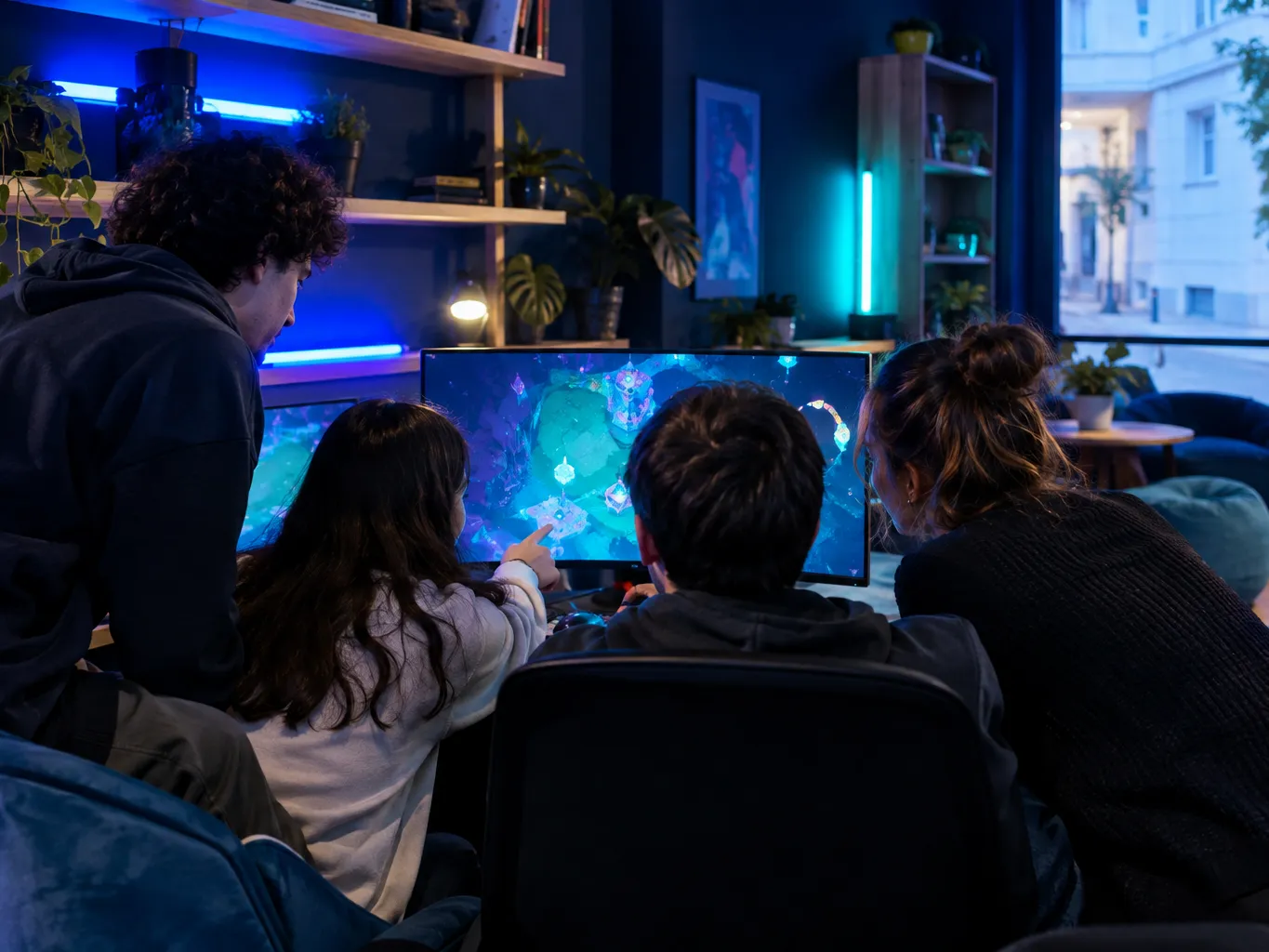 Grupo à volta de um monitor