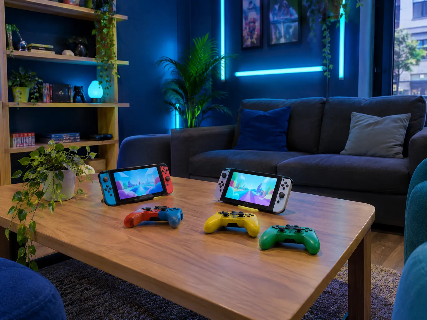 Consolas portáteis e comandos coloridos na mesa de centro