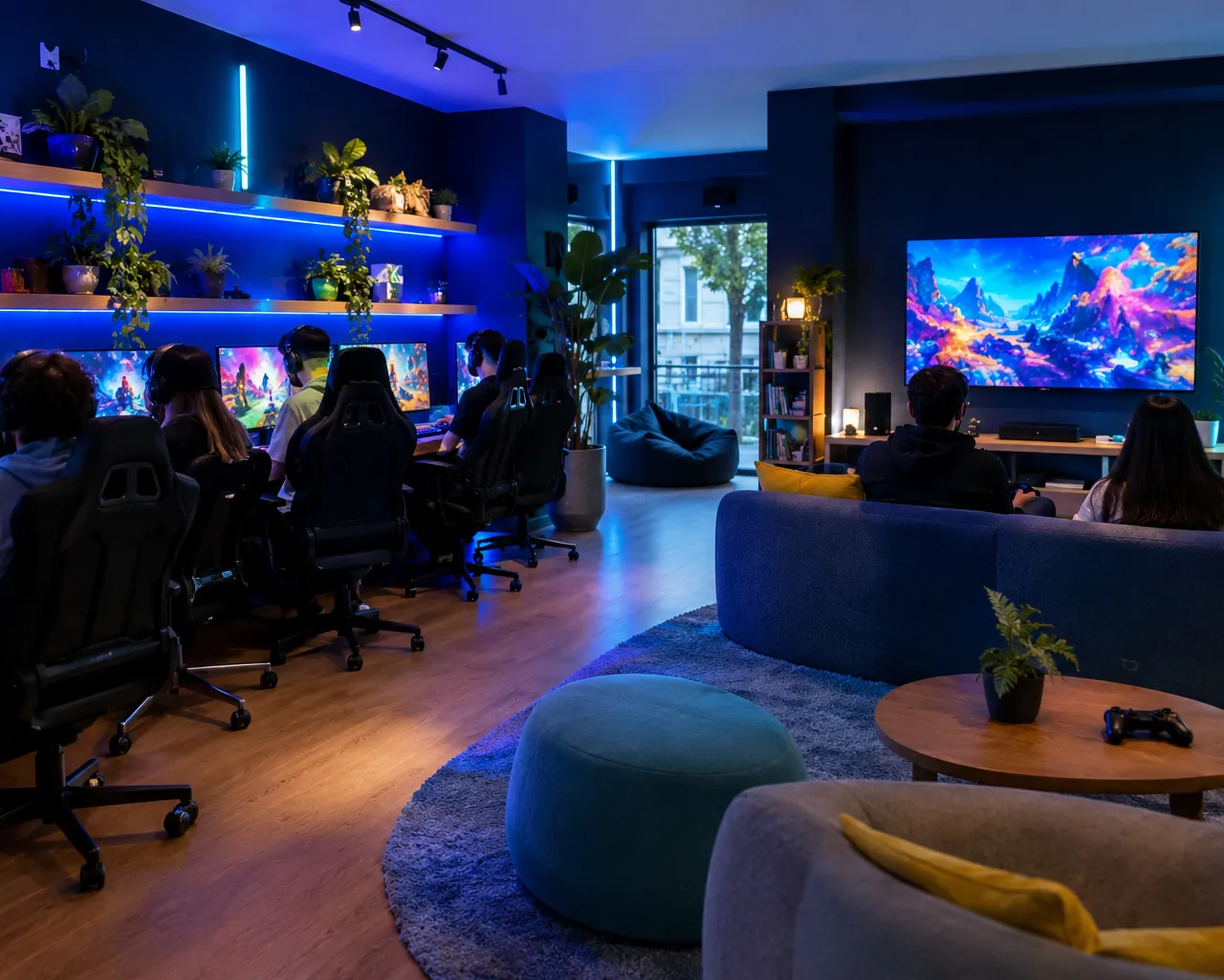 Vista geral da sala com a fila de PC e a zona de sofás com televisor
