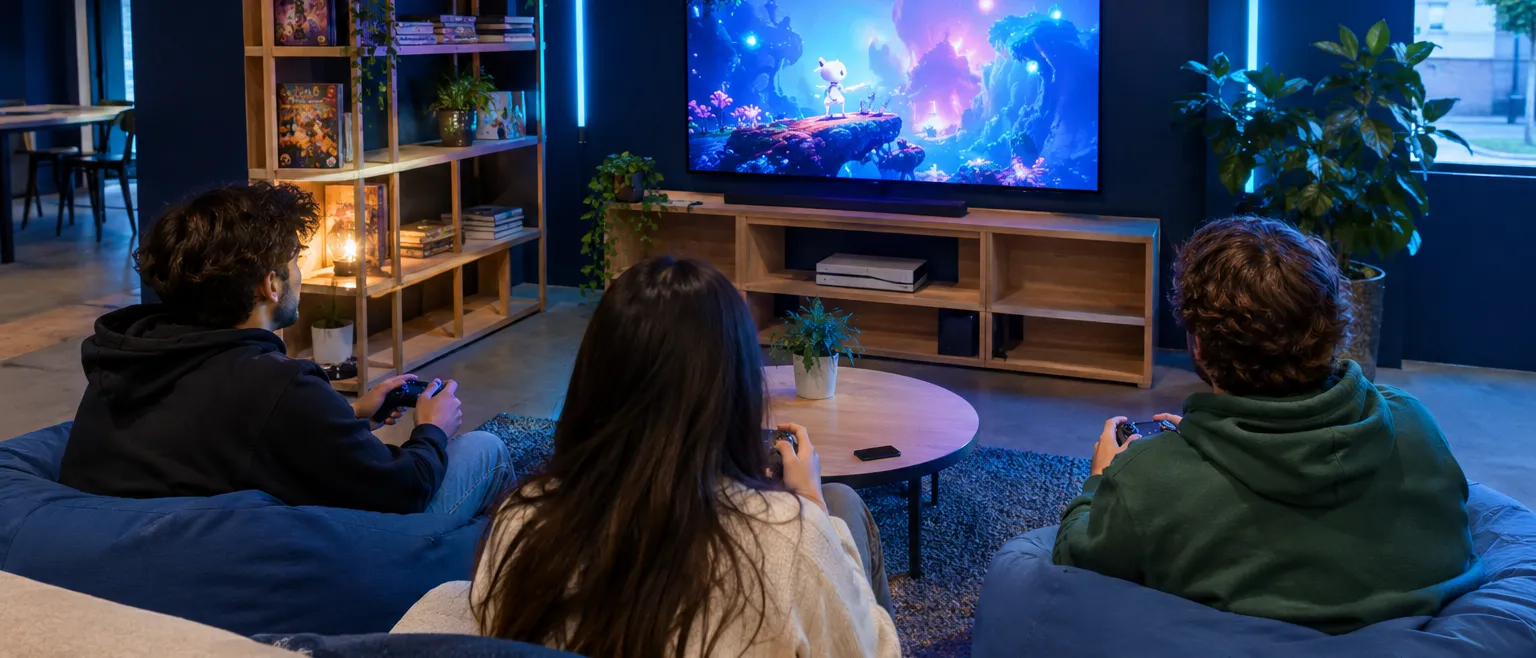 Amigos a jogar consola no sofá